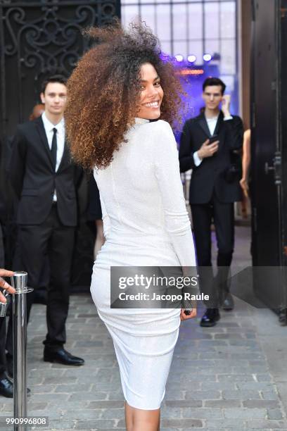 Tina Kunakey arrives at the 'Vogue Foundation Dinner 2018' at Palais Galleria on July 3, 2018 in Paris, France.