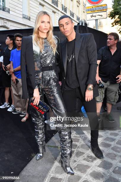 Natasha Poly and Olivier Rousteing arrive at the 'Vogue Foundation Dinner 2018' at Palais Galleria on July 3, 2018 in Paris, France.