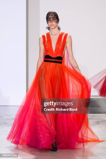 Model walks the runway during the Georges Chakra Haute Couture Fall Winter 2018/2019 show as part of Paris Fashion Week on July 3, 2018 in Paris,...