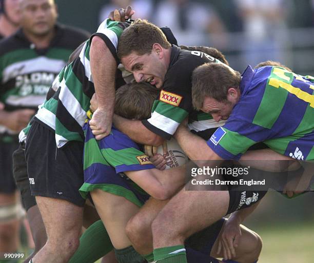 Steve Miller of GPS is caught in the Sunnybank defence during the XXXX Brisbane club Rugby Union premiership match between Sunnybank and GPS at...
