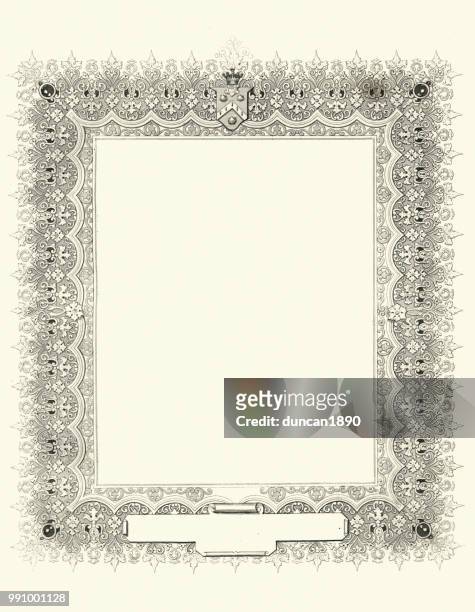 ornate retro engraved picture frame border design element - swirl border stock illustrations