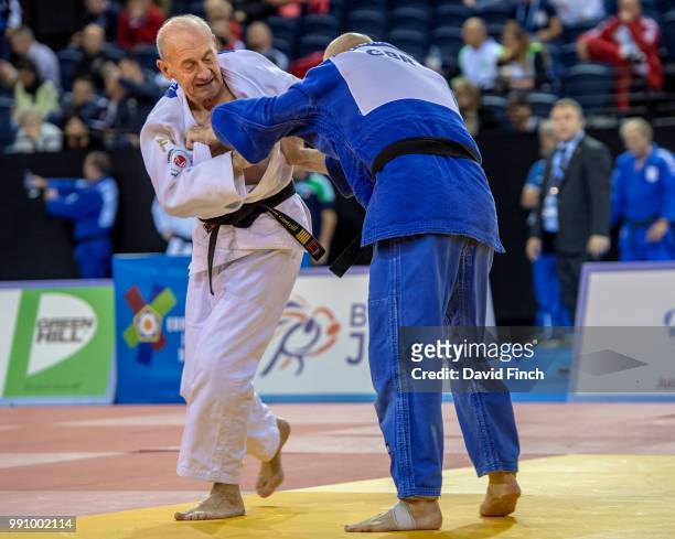 Stan Cantrill of Great Britain attacks Danny Bidgood, also of Great Britain, in their u73kg M9 bronze medal match that Cantril won by an ippon during...
