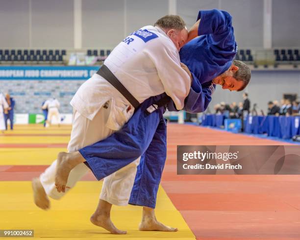 Jean Claude Bonino of France throws Peter Hoar of Great Britain for an ippon to win their u100kg M7 repechage contest during day 1 of the 2018...