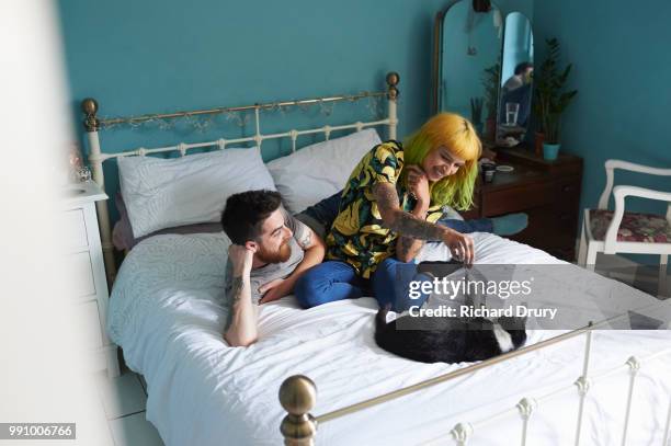 young hipster couple lying on their bed together playing with their pet cat - cats on the bed stock pictures, royalty-free photos & images