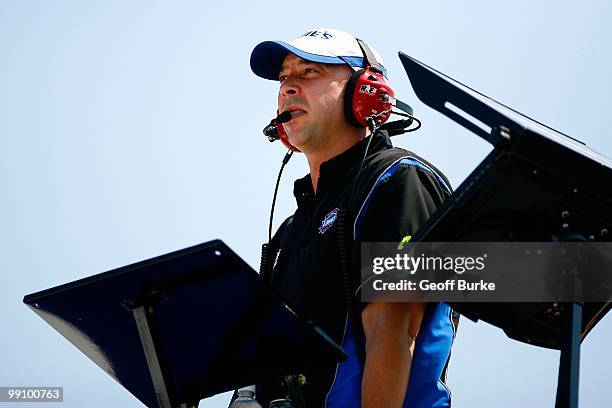 Chad Knaus, crew chief for the Lowe's Chevrolet, watches from atop the team hauler during practice for the NASCAR Sprint Cup Series SHOWTIME Southern...