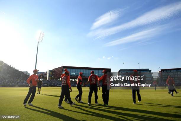 England head of the field for the second innings during the 1st Vitality International T20 match between England and India at Emirates Old Trafford...