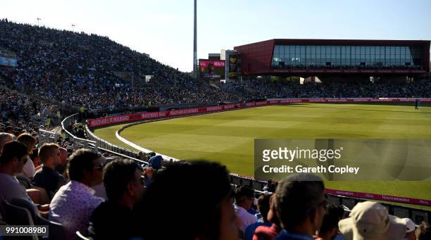 General view of play during the 1st Vitality International T20 match between England and India at Emirates Old Trafford on July 3, 2018 in...