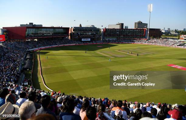 General view of play during the 1st Vitality International T20 match between England and India at Emirates Old Trafford on July 3, 2018 in...