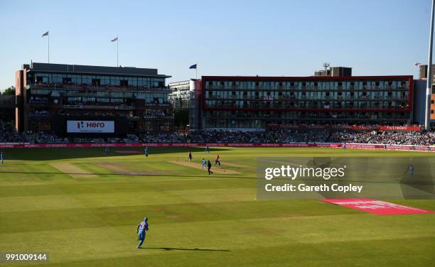 General view of play during the 1st Vitality International T20 match between England and India at Emirates Old Trafford on July 3, 2018 in...