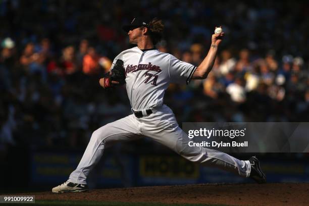 Josh Hader of the Milwaukee Brewers pitches in the seventh inning against the Minnesota Twins at Miller Park on July 3, 2018 in Milwaukee, Wisconsin.