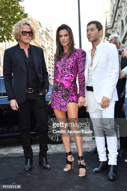 Peter Dundas, Alessandra Ambrosio and Evangelo Bousis arrive at the 'Vogue Foundation Dinner 2018' at Palais Galleria on July 3, 2018 in Paris,...