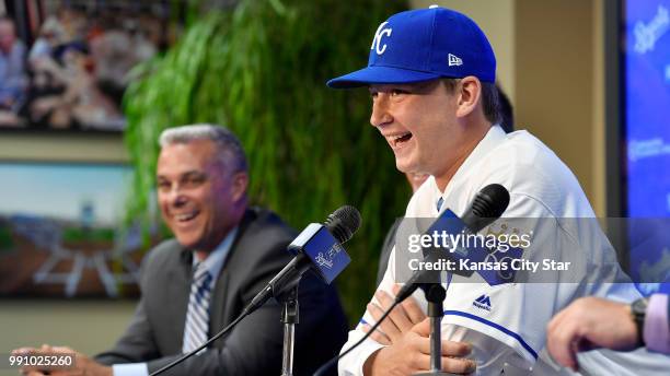 Kansas City Royals introduce their top pick of the 2018 draft, right-handed pitcher Brady Singer, during a news conference before a game on Tuesday,...