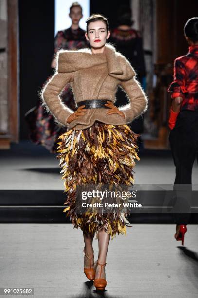 Model walks the runway during the Julien Fournie Haute Couture Fall Winter 2018/2019 show as part of Paris Fashion Week on July 3, 2018 in Paris,...