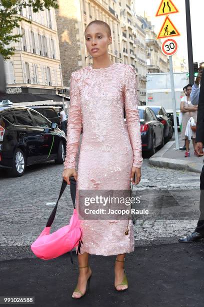 Adwoa Aboah arrives at the 'Vogue Foundation Dinner 2018' at Palais Galleria on July 3, 2018 in Paris, France.