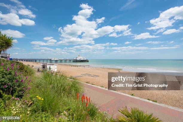 a view of the beach, promenade and pier, eastbourne - eastbourne pier stockfoto's en -beelden