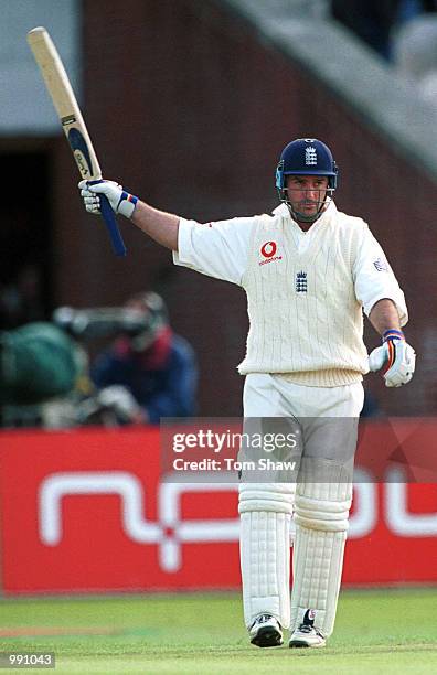 Graham Thorpe of England celebrates his hundred during the Second Npower Test match between England and Pakistan at Old Trafford, Manchester....