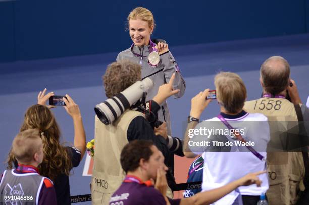 Londen Olympics, Track Cycling: Women Omnium Sarah Hammer Silver Medal Celebration Joie Vreugde, Velodrome, Femmes Vrouwen, London Olympic Games Jeux...