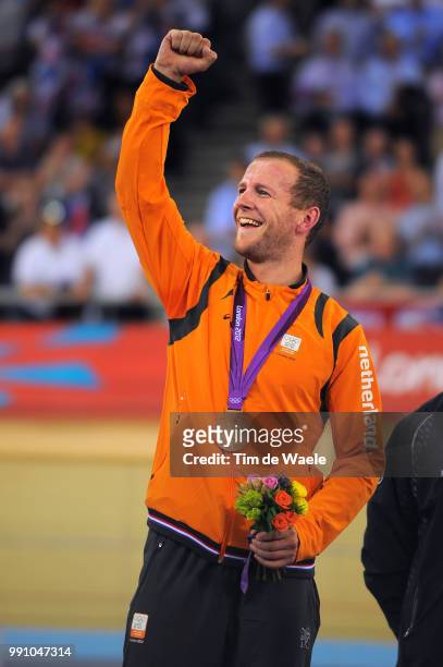 Londen Olympics, Track Cycling: Men Keirin Podium, Teun Mulder Bronze Medal Celebration Joie Vreugde, Velodrome, Hommes Mannen, London Olympic Games...