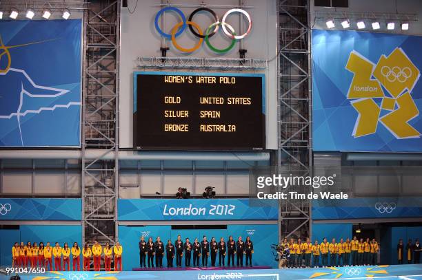 Londen Olympics, Water Polo: Final Women Podium, Team Spain Silver Medal, Team Usa Gold Medal, Team Australia Bronze Medal, Celebration Joie Vreugde,...