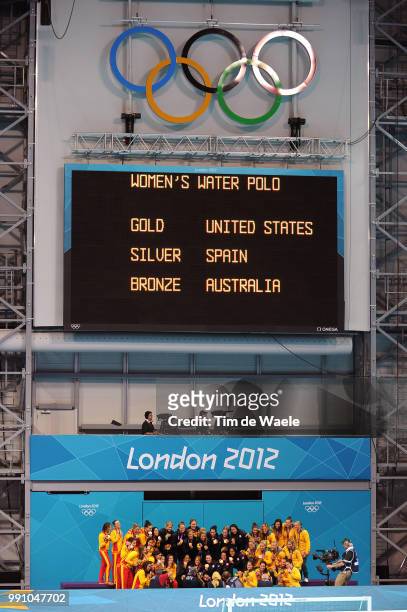 Londen Olympics, Water Polo: Final Women Podium, Team Spain Silver Medal, Team Usa Gold Medal, Team Australia Bronze Medal, Celebration Joie Vreugde,...