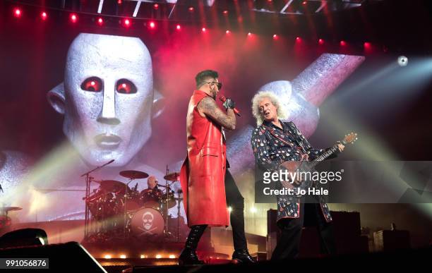Roger Taylor, Adam Lambert & Brian May of Queen perform at SSE Arena, Wembley on July 1, 2018 in London, England.