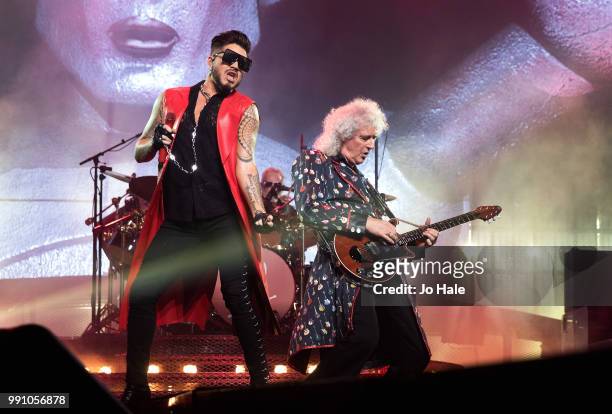 Adam Lambert & Brian May of Queen perform at SSE Arena, Wembley on July 1, 2018 in London, England.