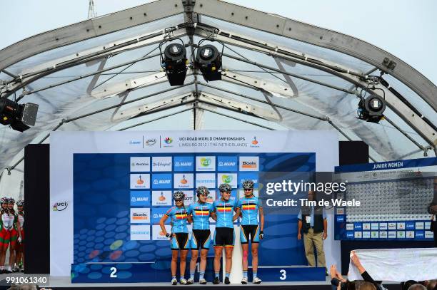 Road World Championships, Junior Women Podium, Team Belgium / Jessy Druyts / Lotte Kopecky / Kelly Van Den Steen / Kaat Van Der Meulen / Valkenburg -...