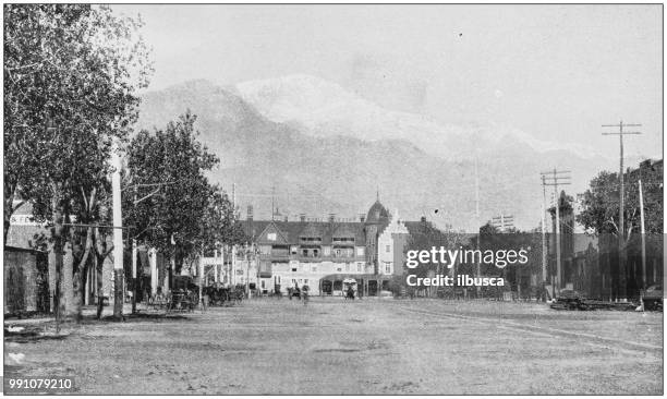 antique photograph of america's famous landscapes: pike's peak from colorado springs - pikes peak summit colorado stock illustrations