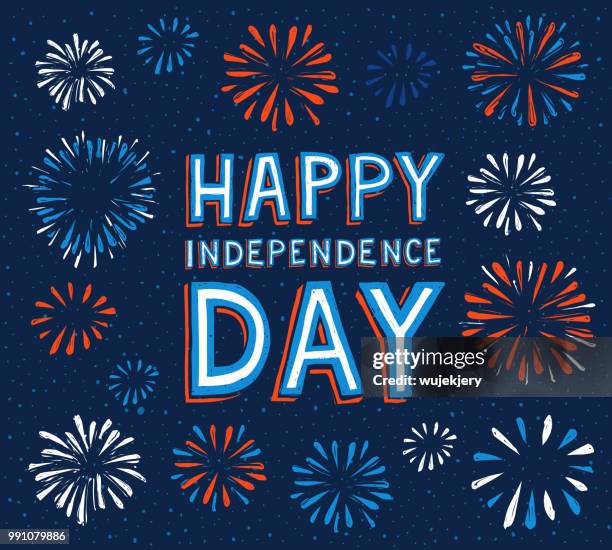 ilustraciones, imágenes clip art, dibujos animados e iconos de stock de feliz día de la independencia con fuegos artificiales - día de la independencia