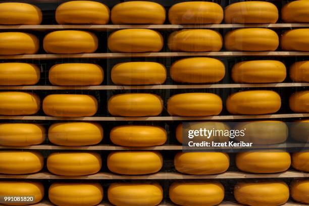 yellow cheese molds at edam town, netherlands, - edamer stock-fotos und bilder