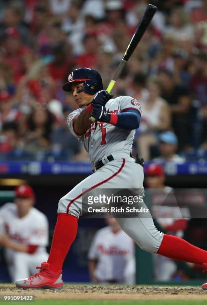 Wilmer Difo of the Washington Nationals in action during a game against the Philadelphia Phillies at Citizens Bank Park on June 29, 2018 in...