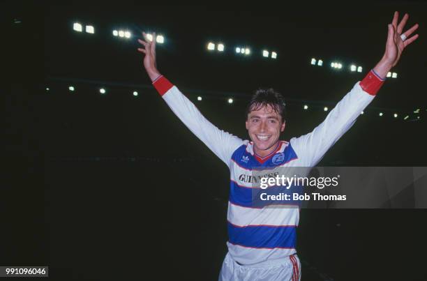 Irish footballer Michael Robinson of Queen's Park Rangers celebrates after the Football League Cup Semi-Final, 2nd leg against Liverpool at Anfield,...