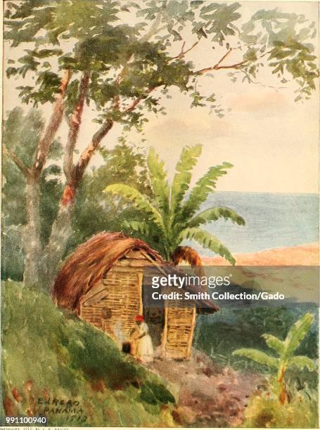 Color illustration depicting a small, Panamanian house or wooden hut, with a palm leaf roof, a woman cooking in front of the door, tropical foliage...