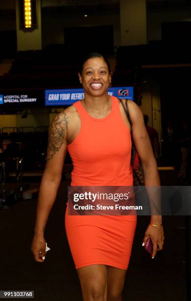 Kia Vaughn of the New York Liberty arrives before the game against the Seattle Storm on July 3, 2018 at Westchester County Center in White Plains,...