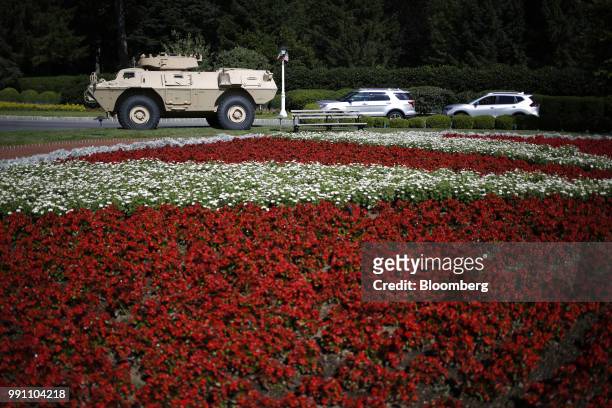 An M1117 Armored Security Vehicle sits parked outside The Greenbrier resort ahead of a Salute to Service dinner with U.S. President Donald Trump, not...