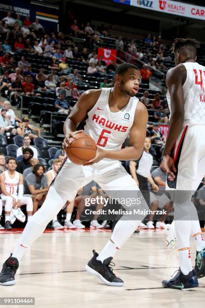 Omari Spellman of the Atlanta Hawks handles the ball against the San Antonio Spurs during the 2018 Utah Summer League on July 3, 2018 at Vivint Smart...