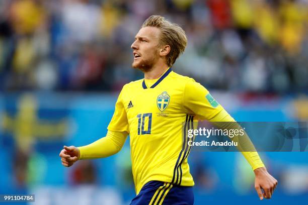 Emil Forsberg of Sweden celebrates after scoring a goal during the 2018 FIFA World Cup Russia Round of 16 match between Sweden and Switzerland at the...