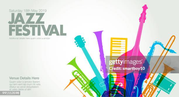 ilustraciones, imágenes clip art, dibujos animados e iconos de stock de cartel de música jazz - orquesta