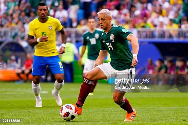 Javier Hernandez of Mexico drives the ball during the 2018 FIFA World Cup Russia Round of 16 match between Brazil and Mexico at Samara Arena on July...