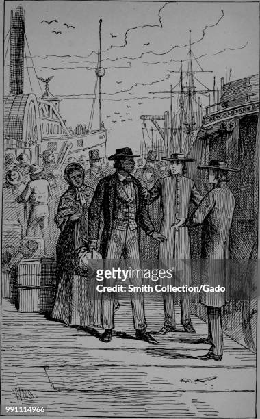 Black and white print depicting abolitionist, reform leader, writer and statesman Frederick Douglass, arriving at the wharf in Newport, Rhode Island,...