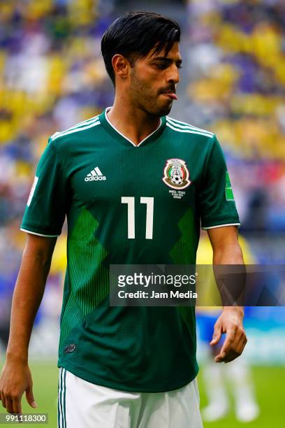 Carlos Vela of Mexico gestures during the 2018 FIFA World Cup Russia Round of 16 match between Brazil and Mexico at Samara Arena on July 2, 2018 in...