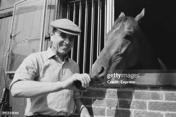 British Thoroughbred racehorse trainer Arthur Budgett feeding racehorse Mortson with a bottle of Guinness after winning the Epsom Derby, UK, 8th June...