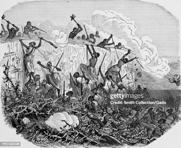 Black and white print illustrating the 1851 Battle of Abeokuta, during which Dahomey invaders attacked the Egbas' capital of Abeokuta, in southwest...