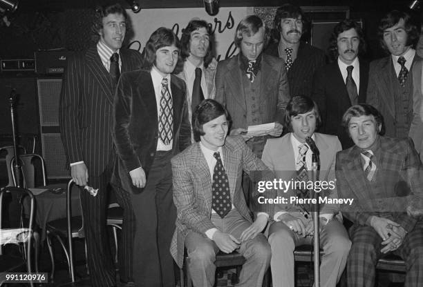 Tottenham Hotspur FC soccer player recording their song 'Hot Spurs Boogie', London, UK, 23rd February 1973; they are Martin Chivers, Jimmy Neighbour,...