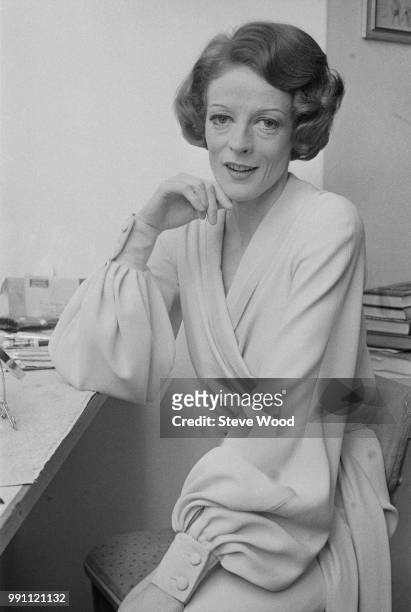 English actress Maggie Smith getting ready in the backstage while ill with the flu, UK, 23rd February 1973.