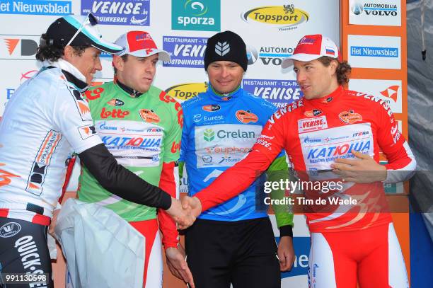 37Th 3 Days De Panne, Stage 3B Podium, Sylvain Chavanel White Leader Jersey, Alexander Kristoff Green Jersey, Koen Barbe Blue Rush Jersey, Marco...