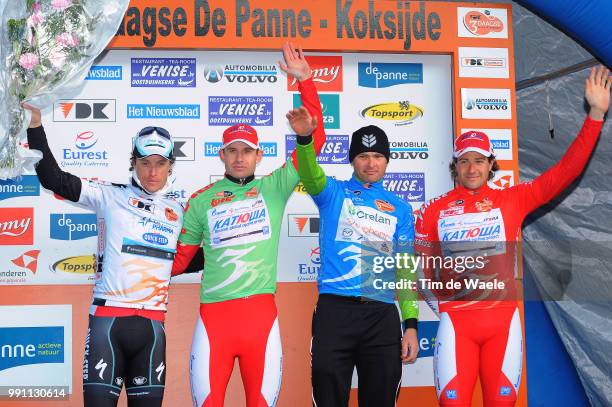 37Th 3 Days De Panne, Stage 3B Podium, Sylvain Chavanel White Leader Jersey, Alexander Kristoff Green Jersey, Koen Barbe Blue Rush Jersey, Marco...