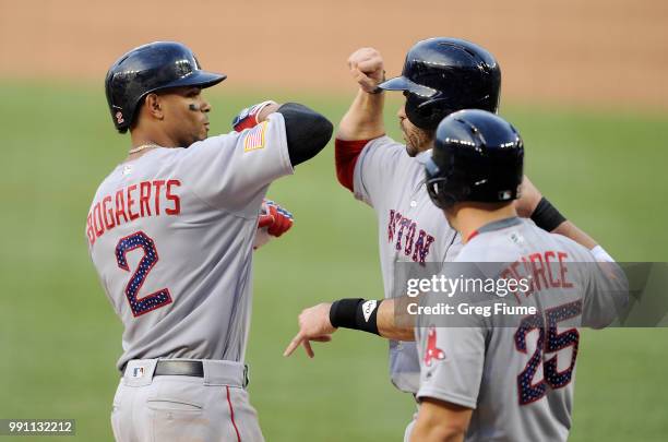 Xander Bogaerts of the Boston Red Sox celebrates with J.D. Martinez and Steve Pearce after hitting a three-run home run in the fifth inning against...