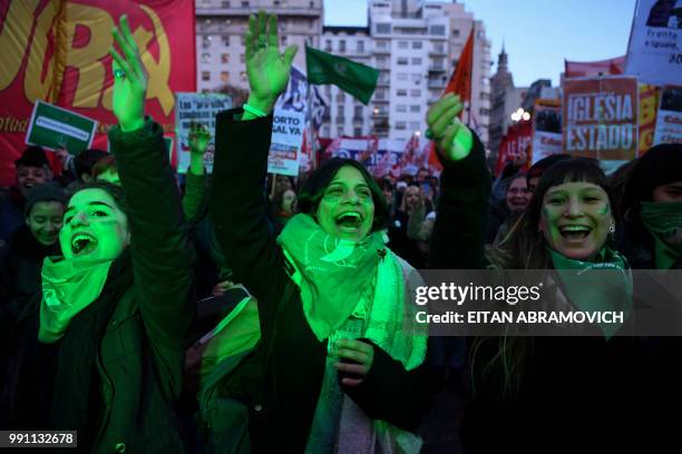 People in favor of the legalization of abortion shout slogans outside the Argentine Congress in Buenos Aires, on July 03, 2018. - Argentina's Senate...