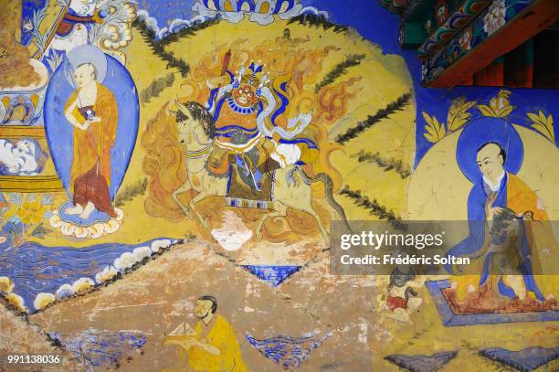 Mural painting in Thikse monastery in Ladakh. The monastery of Thikse is located in the Indus Valley, at the east of Leh, the capital of Ladakh,...